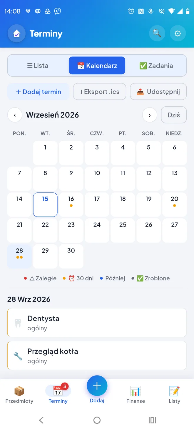 Miesięczny kalendarz terminów z wydarzeniami wybranego dnia