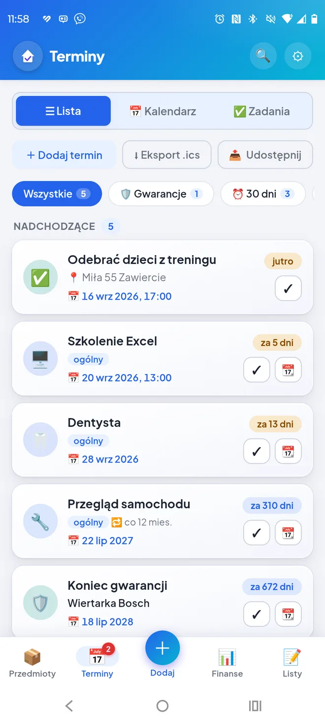 Lista nadchodzących terminów z datami i oznaczeniem spraw cyklicznych
