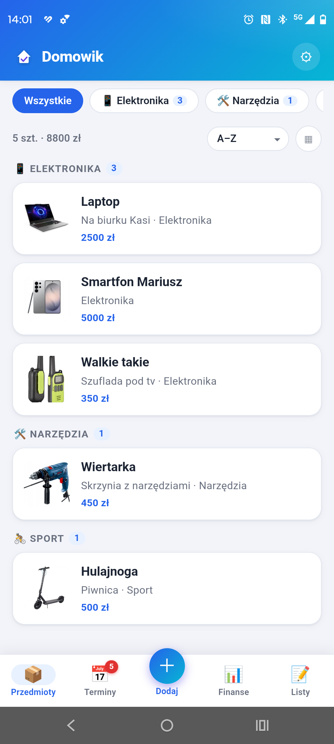 Katalog przedmiotów z kategoriami, lokalizacjami i wartością rzeczy