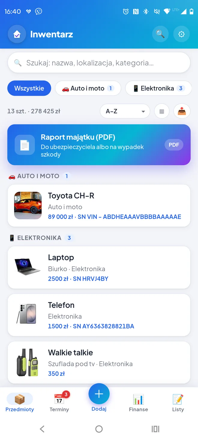 Katalog przedmiotów z kategoriami, lokalizacjami i wartością rzeczy