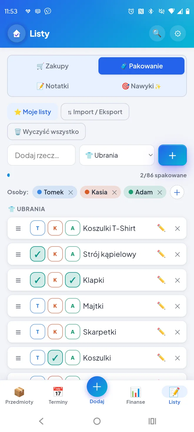 Lista pakowania w Domowiku z kolumnami osób i stanami: spakowane, do spakowania, nie dotyczy