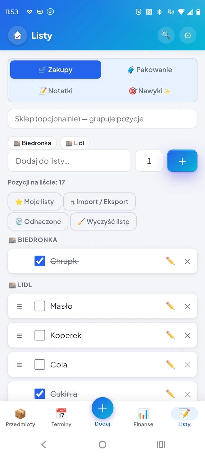 Lista zakupów z produktami pogrupowanymi według sklepów